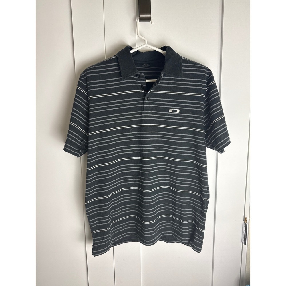 Oakley Striped Polo Shirt Mens Black Gray Short Sleeve Golf‎ Casual Size Medium